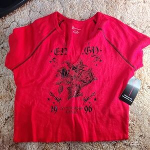 Affliction Red Crop Top with Doodle Graphics